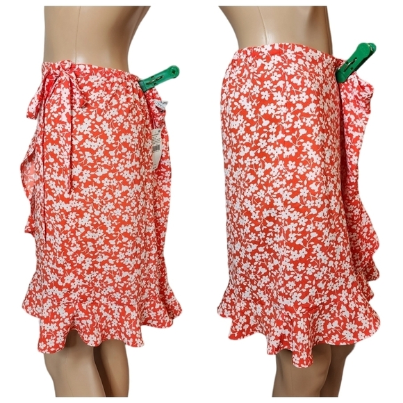 NWT J. Crew coral floral skirt.  Faux wrap.  Stretch waist. Ruffle Hem. … - Picture 10 of 16